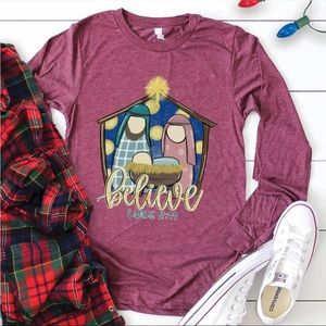 Love in Faith BELIEVE Medium long sleeve shirt- Manger Scene